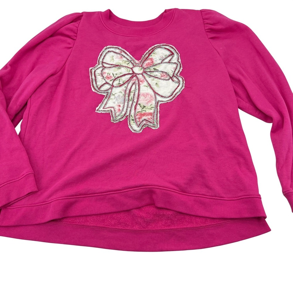 Crown & Ivy Pink Floral Bow Applique Puff Sleeve Sweatshirt Womens XL upcycled